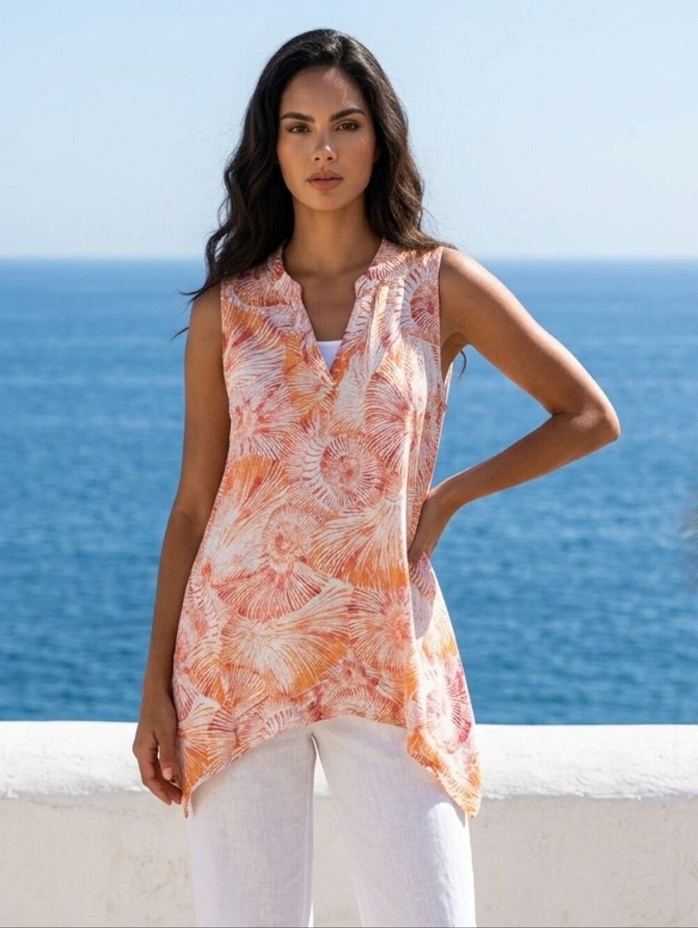 Chico's Orange Shell Print Slub Knit Tunic Tank Top Sharkbite Asymmetric Hem XS